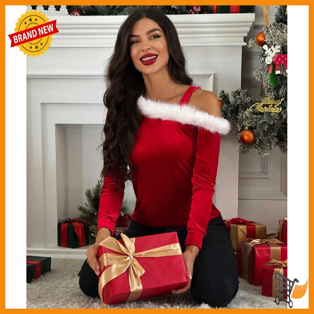 Velvet Off Shoulder Sweater with Fur Trim Long Sleeve Tunic Top - Picture 7 of 8